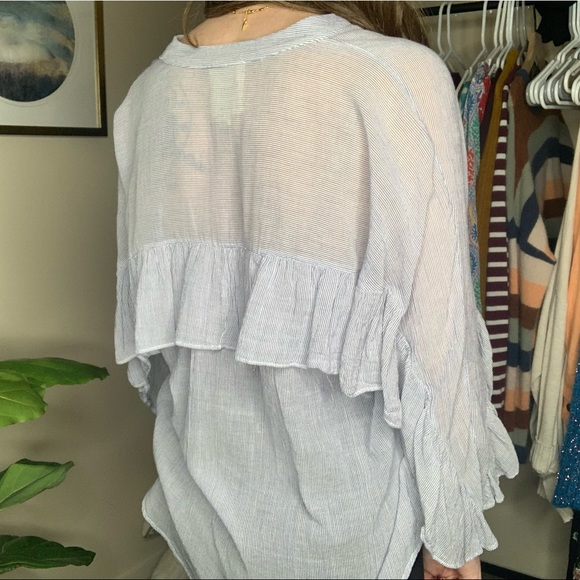 Anthropologie Maeve Blue Stripe Ruffle Blouse - Picture 3 of 8